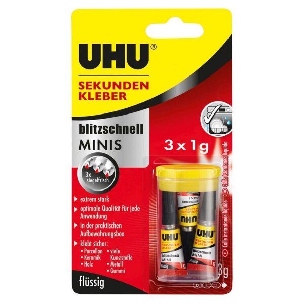 UHU® 45415 Sekundenkleber blitzschnell MINIS flüssig - 3x 1 g