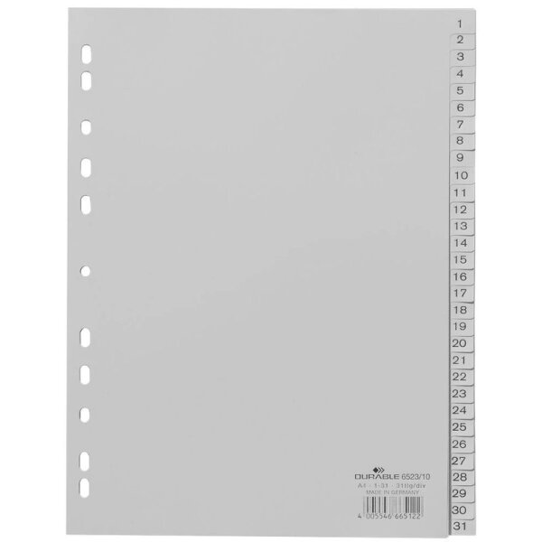 Durable 6523 Zahlenregister - PP, 1 - 31, grau, A4, 31 Blatt