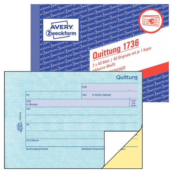 Avery Zweckform® 1736 Quittung inkl. MwSt. - A6 quer, MP, SD, fälschungssicher, 2 x 40 Blatt, weiß, gelb