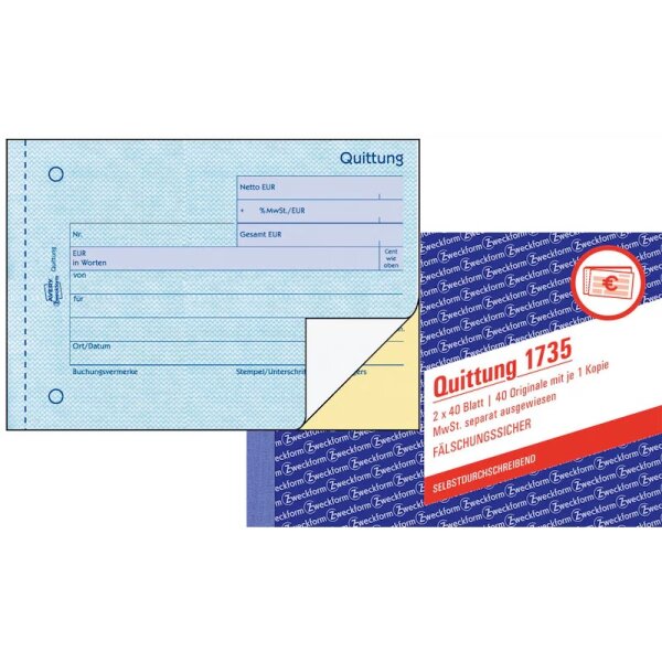 Avery Zweckform® 1735 Quittung MwSt. separat ausgewiesen, DIN A6 quer, fälschungssicher, 2 x 40 Blatt, weiß, gelb