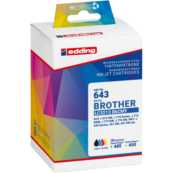 edding EDD-643  schwarz, cyan, magenta, gelb Druckerpatronen kompatibel zu brother LC3213 BKCMY , 4er-Set